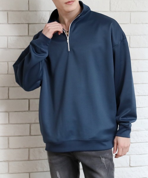 TopIsm(トップイズム)の「TECHダンボール素材 無地 ハーフZIPスウェット(スウェット・メンズ・ブルーグリーン/ブラック/ライトグレー/モカ・M/L)」の4枚目の写真