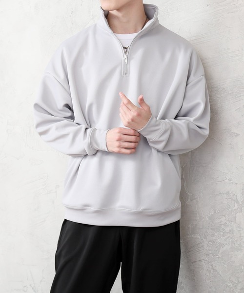 TopIsm(トップイズム)の「TECHダンボール素材 無地 ハーフZIPスウェット(スウェット・メンズ・ブルーグリーン/ブラック/ライトグレー/モカ・M/L)」の3枚目の写真