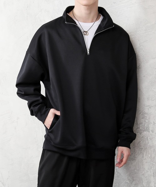 TopIsm(トップイズム)の「TECHダンボール素材 無地 ハーフZIPスウェット(スウェット・メンズ・ブルーグリーン/ブラック/ライトグレー/モカ・M/L)」の2枚目の写真