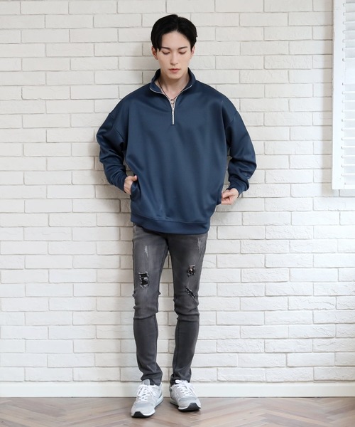 TopIsm(トップイズム)の「TECHダンボール素材 無地 ハーフZIPスウェット(スウェット・メンズ・ブルーグリーン/ブラック/ライトグレー/モカ・M/L)」の21枚目の写真