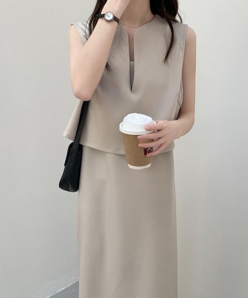 ABITOKYO(アビトーキョー)の「キーネックベスト&キャミソールワンピース2点セットアップ(ワンピース・レディース・ベージュ/ブルー/ブラック/グレー/グリーン/ライトブルー/ダークベージュ・M/L)」の18枚目の写真