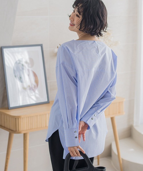 【WEB限定】オーガニックコットンストライプブラウス≪洗濯機で洗える≫