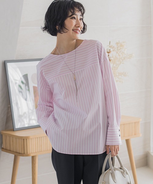 【WEB限定】オーガニックコットンストライプブラウス≪洗濯機で洗える≫