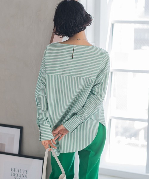 【WEB限定】オーガニックコットンストライプブラウス≪洗濯機で洗える≫