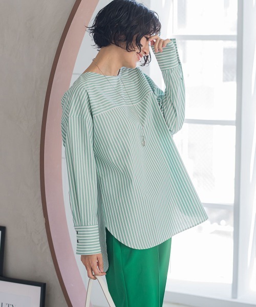 【WEB限定】オーガニックコットンストライプブラウス≪洗濯機で洗える≫