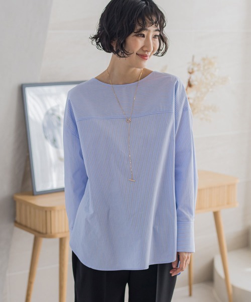 【WEB限定】オーガニックコットンストライプブラウス≪洗濯機で洗える≫