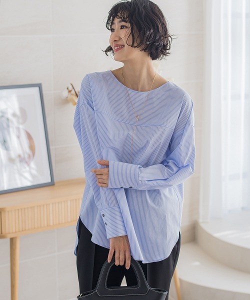 【WEB限定】オーガニックコットンストライプブラウス≪洗濯機で洗える≫