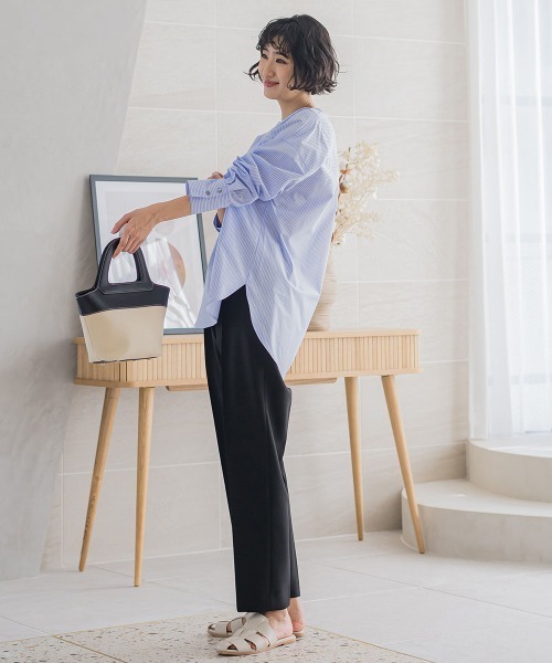 【WEB限定】オーガニックコットンストライプブラウス≪洗濯機で洗える≫