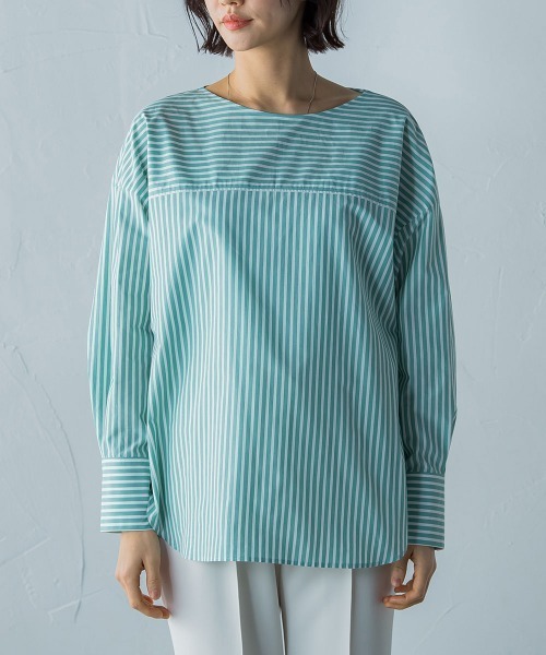 【WEB限定】オーガニックコットンストライプブラウス≪洗濯機で洗える≫