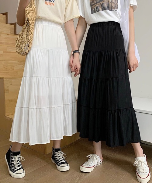 shopnikoniko（ショップニコニコ）の「ティアード スカート ロング ボリューム 夏（スカート・レディース・ブラック/ホワイト・フリー）」の7枚目の写真