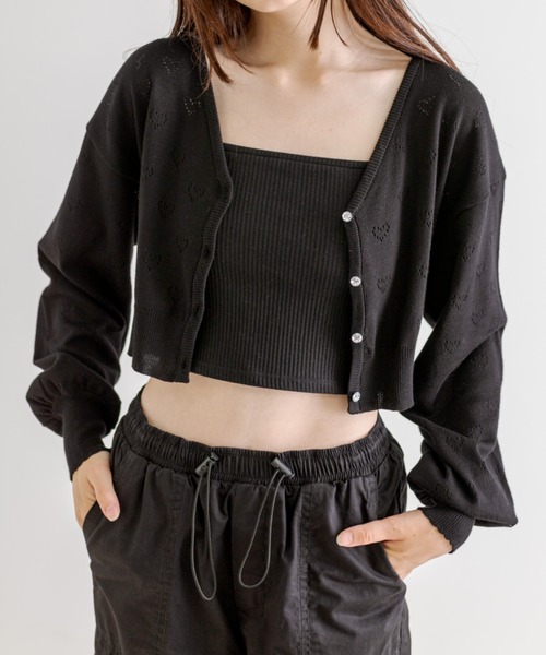 OLIVE des OLIVE（オリーブデオリーブ）の「Aimerianejoieハート透かしカーディガン　1031180190（カーディガン/ボレロ・レディース・オフホワイト/ライム/ピンク/ブラック/ラベンダー/サックスブルー・FREE）」の3枚目の写真