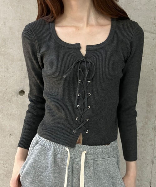 セール】レースアップクロップド丈リブニットトップス（ニット
