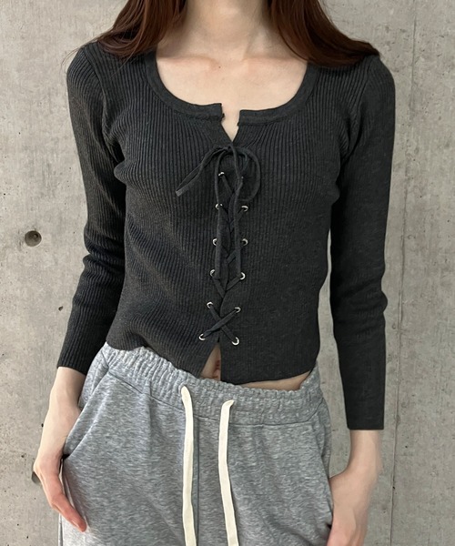 セール】レースアップクロップド丈リブニットトップス（ニット