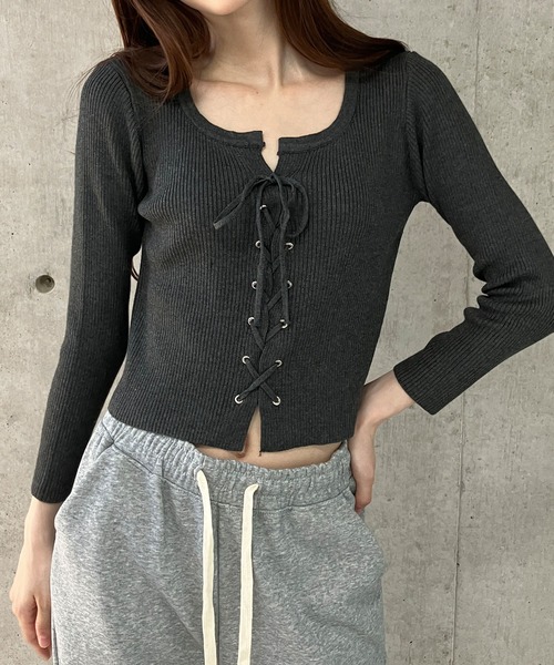 新品【JUDY】ジュディ　レース切り替えリブニット　袖フレア　ブラック　M セール】レースアップクロップド丈リブニットトップス（ニット