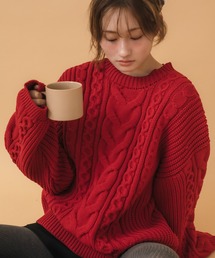 HEILIS | 【定番人気!HIT ITEM!】【新色追加】ケーブル編クルーネックニット / クルーネック 長袖 無地 ガーリー ニット ノームコア トラッド カジュアル シンプル 韓国 秋服 冬服 オーバーサイズ アイボリー グレー ブラック レッド ブラウン 赤ニット トップス ケーブル編み クリスマス ビンテージ風 もちもちニット(ニット/セーター)