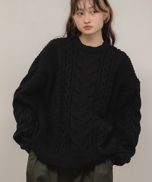 新色追加】ケーブル編クルーネックニット / クルーネック 長袖 無地