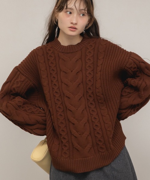 papier / ニット・セーター(薄手)/FREE/コットン/ブラウン HEILIS（ヘイリス）の「【新色追加】ケーブル編クルーネックニット