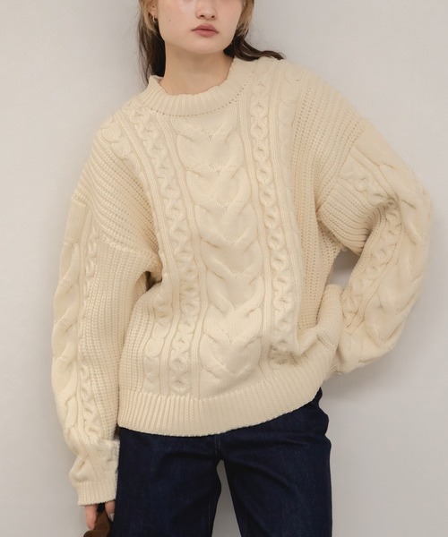 新色追加】ケーブル編クルーネックニット / クルーネック 長袖 無地