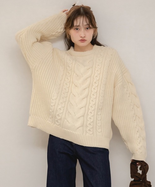 ABYTS　ケーブルニット クルーネック　アイボリー　ゆったりサイズ