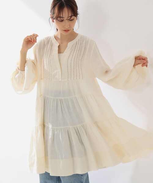 デミルクスビームス Devotion TWINSリネン ステッチ ショートドレス Demi-Luxe BEAMS（デミルクス ビームス）の「Devotion TWINS / リネン
