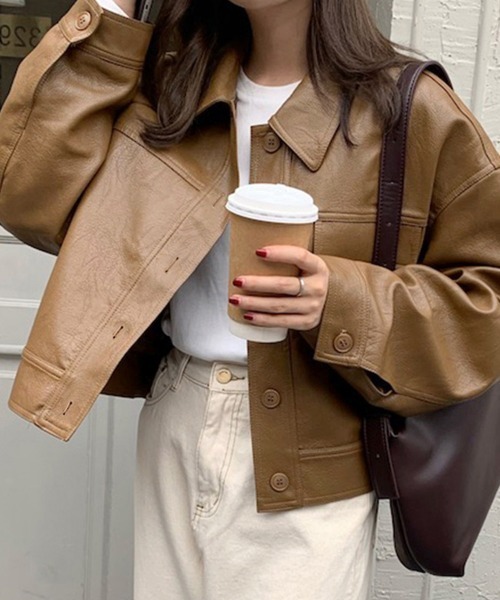 Miniministore(ミニミニストア)の「ライダースジャケット PUレザーブルゾン(ライダースジャケット・レディース・ブラウン/ブラック・フリー)」の2枚目の写真