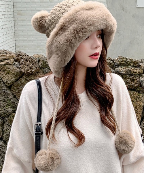 セール】ダブルポンポンニット帽子 ファー帽子韓国（ニットキャップ