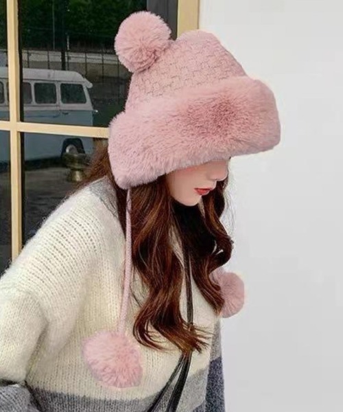 セール】ダブルポンポンニット帽子 ファー帽子韓国（ニットキャップ