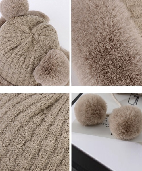 セール】ダブルポンポンニット帽子 ファー帽子韓国（ニットキャップ