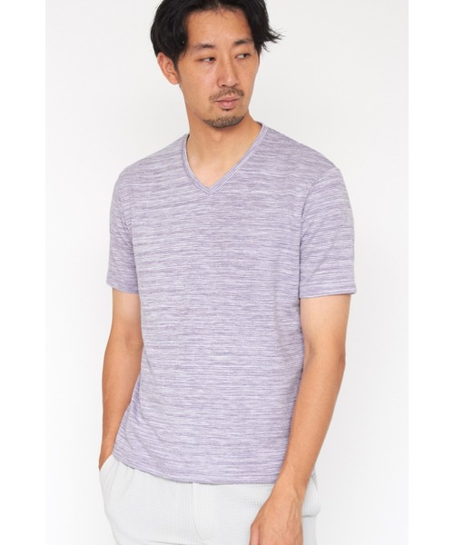 HIGH STREET（ハイストリート）の「HIGH STREET∴ABSかすれ千鳥JQ半袖Vネックカットソー（Tシャツ/カットソー・メンズ・アイボリー/ネイビー/パープル系その他・LL/L/M）」の3枚目の写真