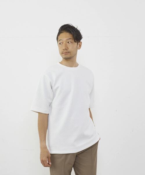 MEN'S MELROSE（メンズメルローズ）の「3Dジャガード5分袖クルーネックTシャツ（Tシャツ/カットソー・メンズ・杢グレー/ホワイト/ブラック・2/4/3）」の2枚目の写真