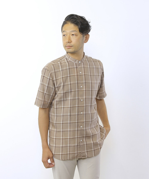 MEN'S MELROSE（メンズメルローズ）の「ウォッシャブルキュプラ半袖バンドカラーシャツ（シャツ/ブラウス・メンズ・ネイビー/ライトブラウン・3/4/2）」の16枚目の写真