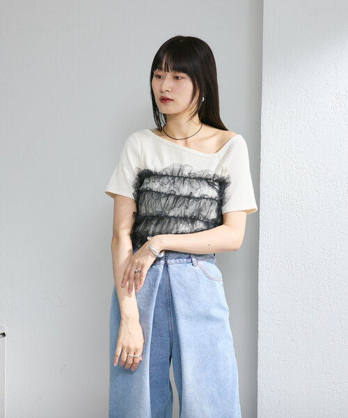 Kastane（カスタネ）の「アシメリブTee（Tシャツ/カットソー・レディース・ミント/アイボリー/オフホワイト/ブラック/ホワイト系その他/ブラウン・FREE）」の12枚目の写真