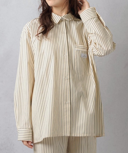 Lull（ルル）の「【Lull / ルル】セットアップ対応 / ストライプ柄パジャマシャツ（シャツ/ブラウス・レディース・クリーム/サックスブルー/ネイビー・ONESIZE）」の4枚目の写真