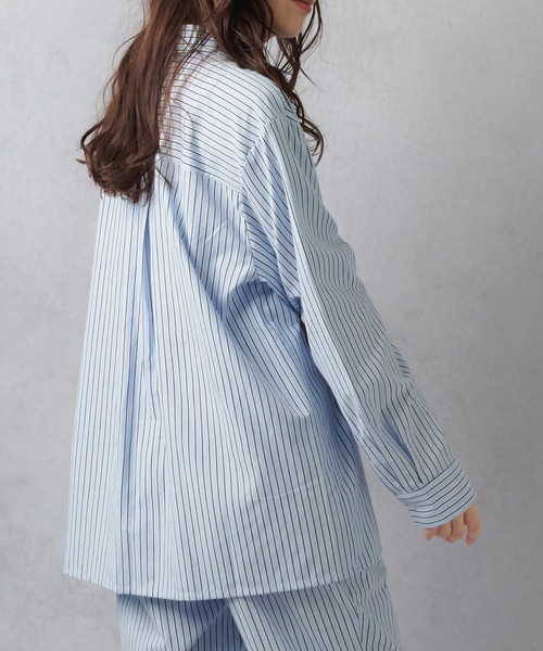 Lull（ルル）の「【Lull / ルル】セットアップ対応 / ストライプ柄パジャマシャツ（シャツ/ブラウス・レディース・クリーム/サックスブルー/ネイビー・ONESIZE）」の8枚目の写真