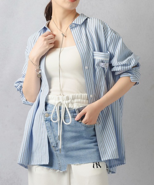 Lull（ルル）の「【Lull / ルル】セットアップ対応 / ストライプ柄パジャマシャツ（シャツ/ブラウス・レディース・クリーム/サックスブルー/ネイビー・ONESIZE）」の9枚目の写真