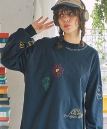 配色 落書き刺繍 オーバーサイズ長袖Tシャツ