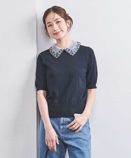 UNITED ARROWS（ユナイテッドアローズ）の「レディ オーガンジー 5分袖 ニット（ニット/セーター・レディース・ベージュ/ネイビー/ダークグレー/ブラック・FREE）」の4枚目の写真