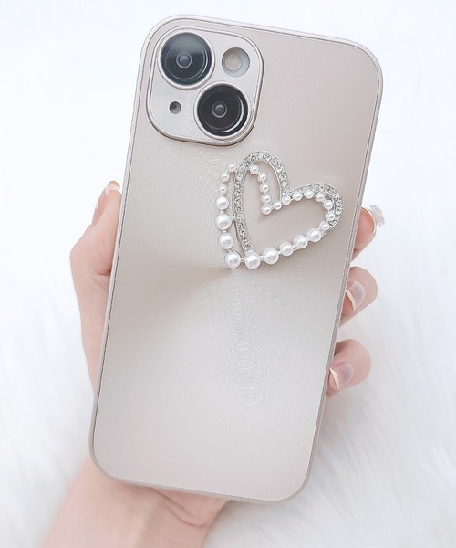 セール】ビジュー ハート モチーフ付き メタリック iPhone ケース