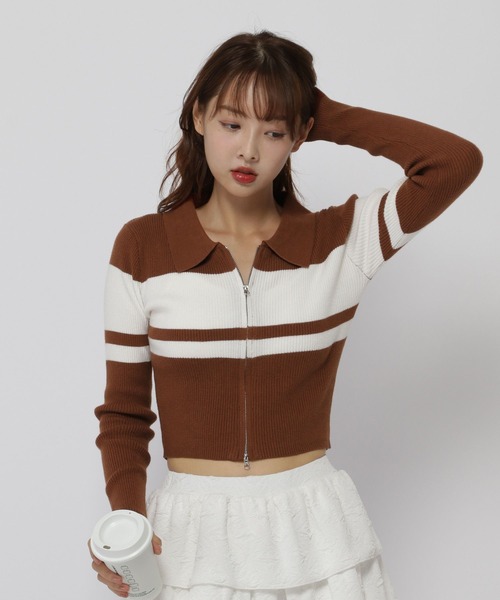 3.3 Field Trip （3.3フィールドトリップ）の「3.3 Field Trip／ボーダーZIPニット（カーディガン/ボレロ・レディース・ホワイト/ブラウン/ブラック・FREE）」の3枚目の写真