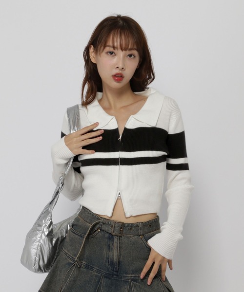 3.3 Field Trip （3.3フィールドトリップ）の「3.3 Field Trip／ボーダーZIPニット（カーディガン/ボレロ・レディース・ホワイト/ブラウン/ブラック・FREE）」の2枚目の写真