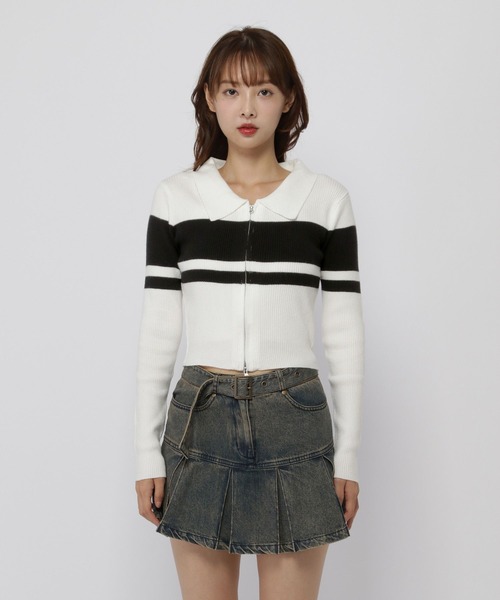 3.3 Field Trip （3.3フィールドトリップ）の「3.3 Field Trip／ボーダーZIPニット（カーディガン/ボレロ・レディース・ホワイト/ブラウン/ブラック・FREE）」の15枚目の写真