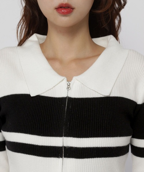 3.3 Field Trip （3.3フィールドトリップ）の「3.3 Field Trip／ボーダーZIPニット（カーディガン/ボレロ・レディース・ホワイト/ブラウン/ブラック・FREE）」の4枚目の写真