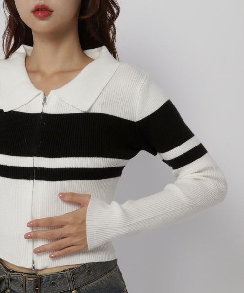 3.3 Field Trip （3.3フィールドトリップ）の「3.3 Field Trip／ボーダーZIPニット（カーディガン/ボレロ・レディース・ホワイト/ブラウン/ブラック・FREE）」の5枚目の写真