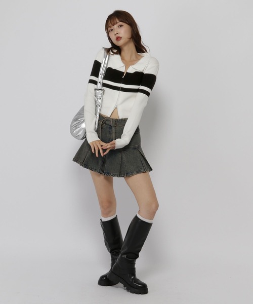 3.3 Field Trip （3.3フィールドトリップ）の「3.3 Field Trip／ボーダーZIPニット（カーディガン/ボレロ・レディース・ホワイト/ブラウン/ブラック・FREE）」の11枚目の写真