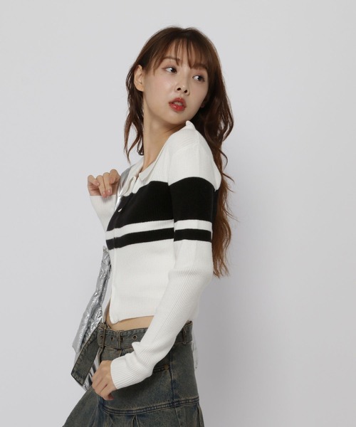 3.3 Field Trip （3.3フィールドトリップ）の「3.3 Field Trip／ボーダーZIPニット（カーディガン/ボレロ・レディース・ホワイト/ブラウン/ブラック・FREE）」の12枚目の写真