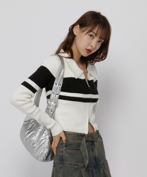 3.3 Field Trip （3.3フィールドトリップ）の「3.3 Field Trip／ボーダーZIPニット（カーディガン/ボレロ・レディース・ホワイト/ブラウン/ブラック・FREE）」の13枚目の写真