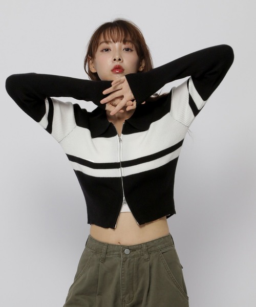 3.3 Field Trip （3.3フィールドトリップ）の「3.3 Field Trip／ボーダーZIPニット（カーディガン/ボレロ・レディース・ホワイト/ブラウン/ブラック・FREE）」の22枚目の写真