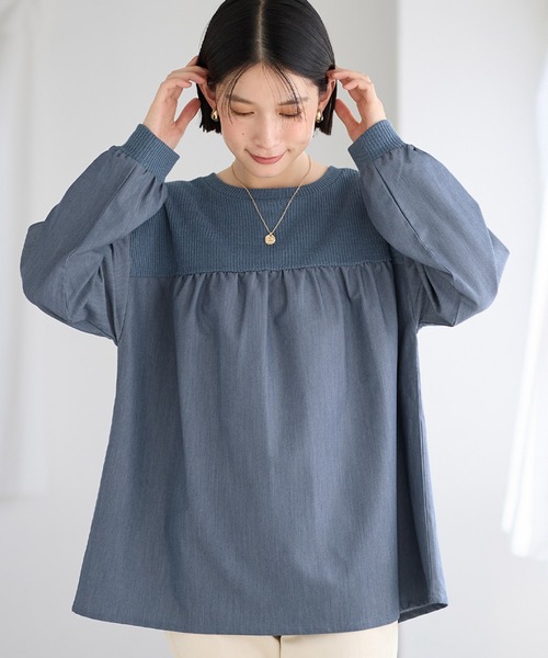 Viola e Viola(ヴィオラエヴィオラ)の「アゼ編み風裏起毛 異素材切替プルオーバー(Tシャツ/カットソー・レディース・チャコール/ブルー・3L/LL/L/M)」の4枚目の写真