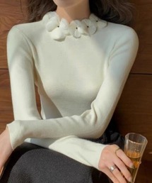 花モチーフニット長袖プルオーバー