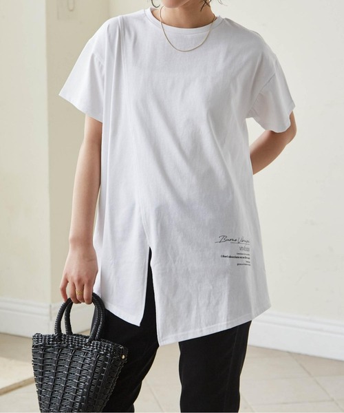 RANAN(ラナン)の「ロゴプリントアシメチュニックTシャツ(Tシャツ/カットソー・レディース・ホワイト系2/ホワイト系1/ブラック系2/ブラック系1・LL/L/M/3L)」の2枚目の写真